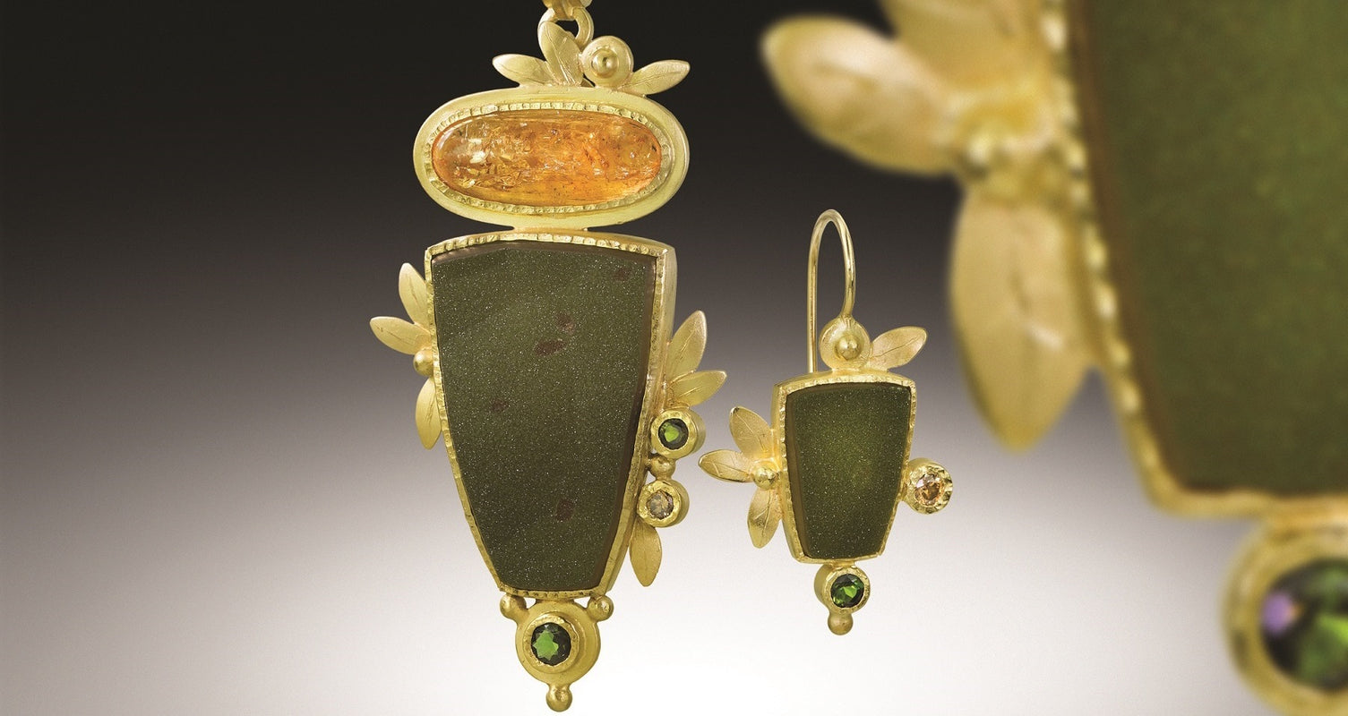 Handmade brooch/pendant in 18k yellow gold with green druzy quartz, imperial topaz, green tourmaline and cognac diamonds